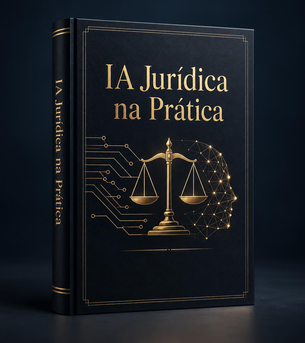 Capa ilustrativa do ebook IA Jurídica na Prática, com balança da justiça e circuitos dourados